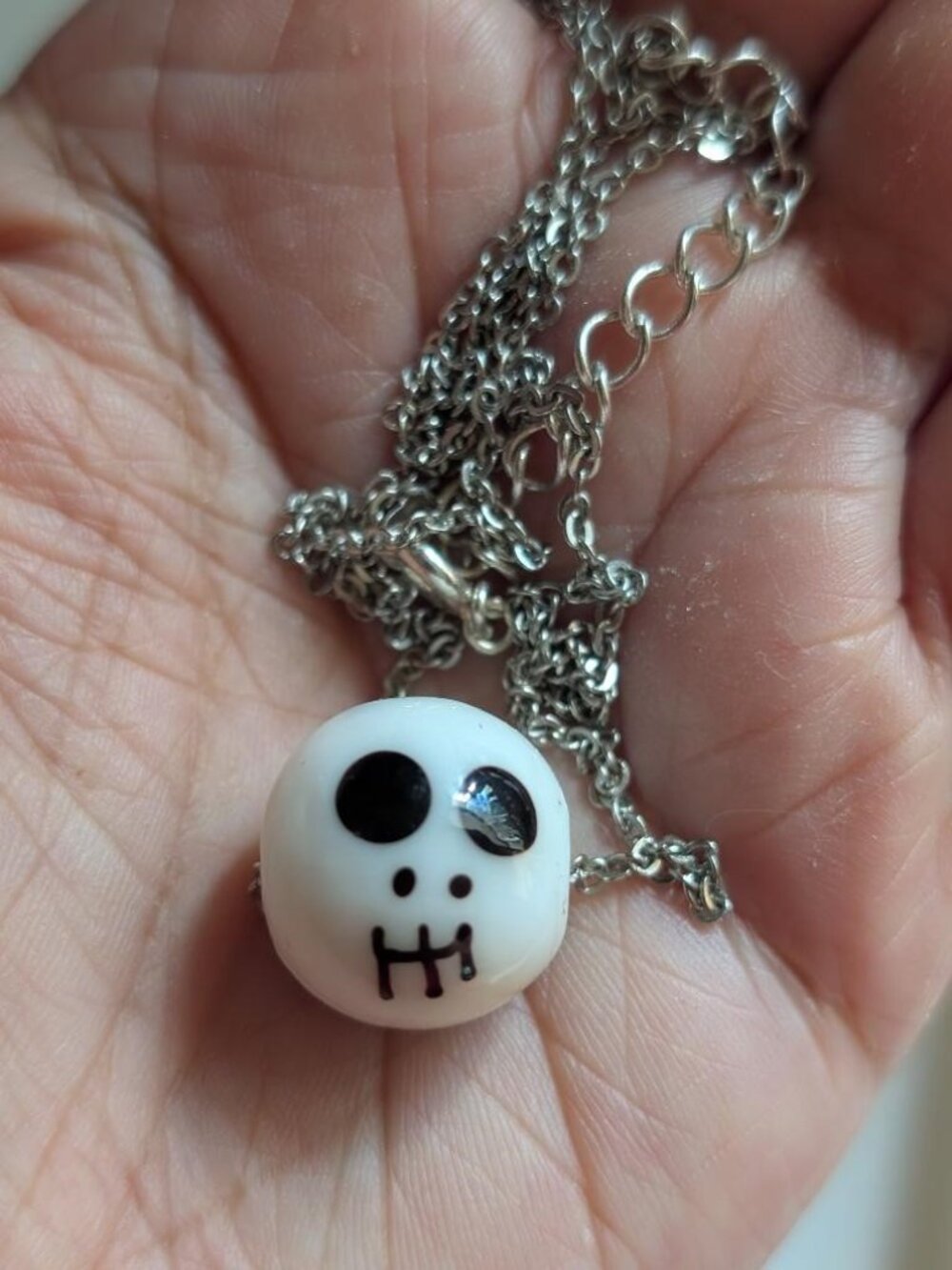 Vintage White Glass Jack Skellington Pendant Necklace.